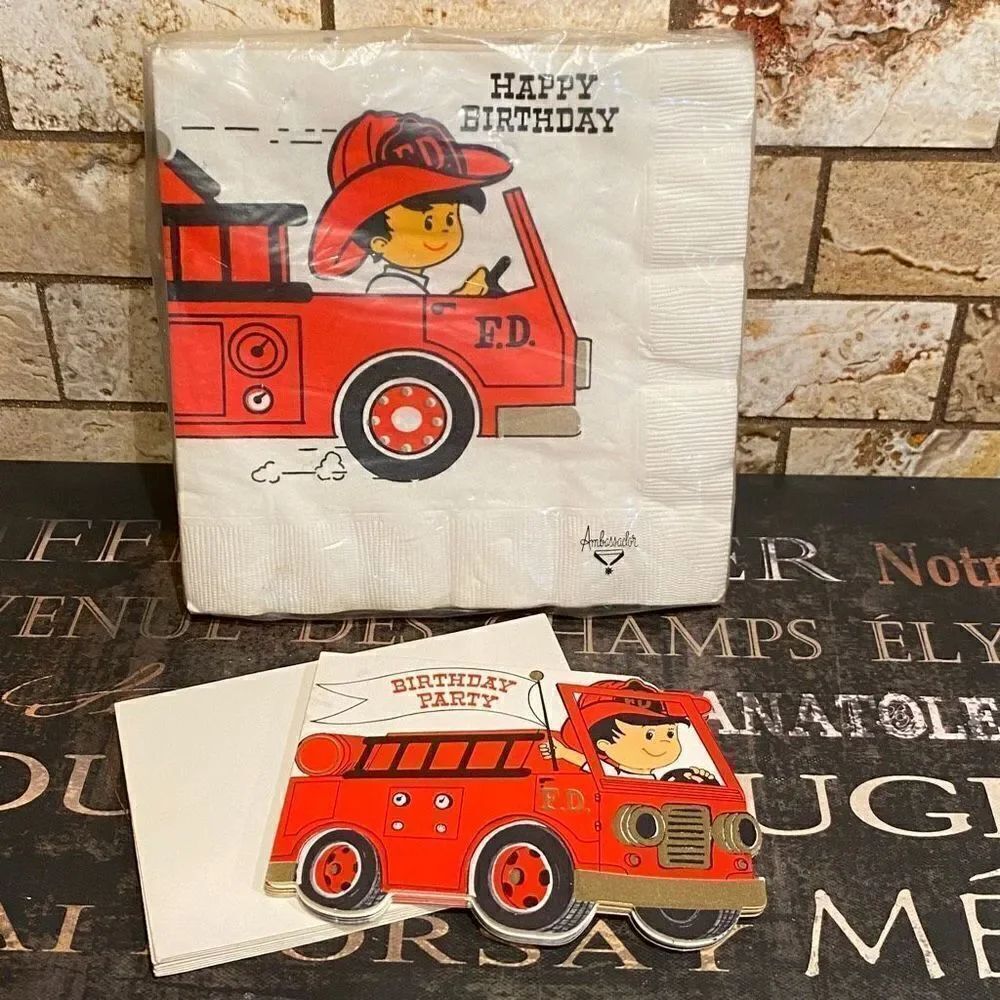 Vintage Firetruck Birthday Invitations and Napkins